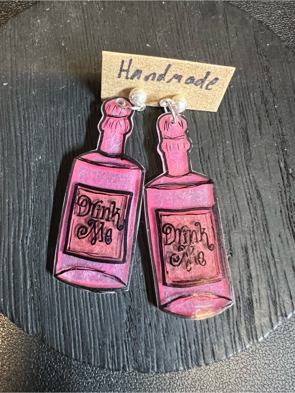 Handmade Pink 'Drink Me' Bottle Dangle Earrings